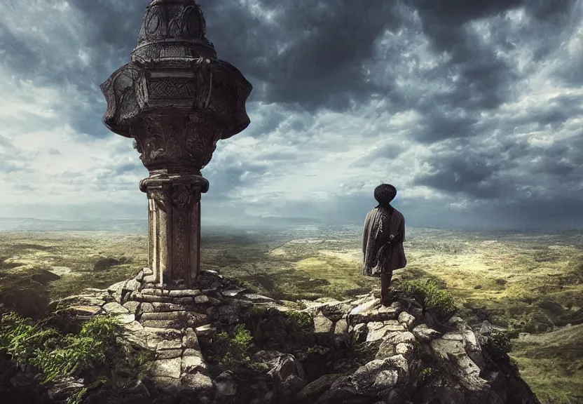 Image similar to “king, looking over his civilization from the top of the hill, digital art, award winning, 4k”