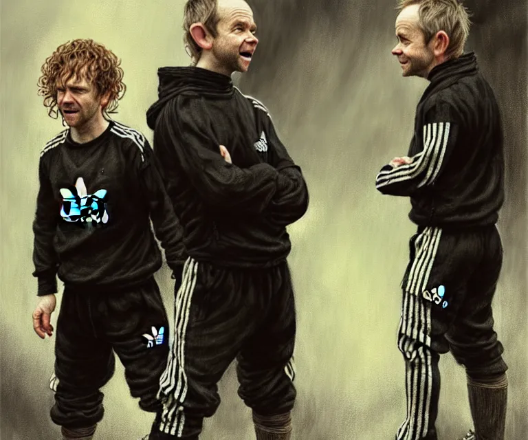 Prompt: a detailed portraite of dominic monaghan and billy boyd as hobbits squatting slavs in black adidas track suits with white stripes down the leg, caricature, highly detailed, digital painting, artstation, concept art, sharp focus, cinematic lighting, illustration, art by met mangindaan, artgerm and greg rutkowski, alphonse mucha, cgsociety