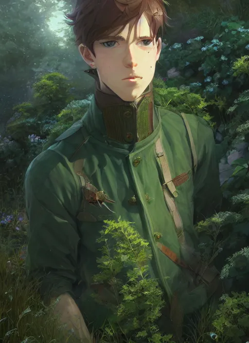 Image similar to a portrait of the male emerald herald in the garden, intricate, tone mapped, ambient lighting, highly detailed, digital painting, artstation, concept art, sharp focus, by makoto shinkai and akihiko yoshida and hidari and wlop