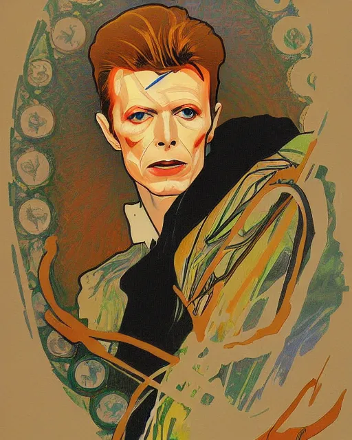 Prompt: a portrait painting of ( ( ( david bowie ) ) ) in the style of alphonse mucha!!!