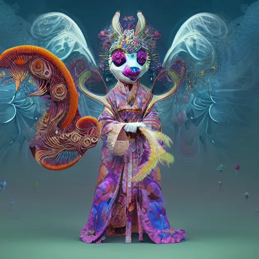 Prompt: 3 d muppet goddess frontal view full body, astral projection, with ram golden skull. beautiful intricately detailed japanese fractal kitsune mask and clasical japanese kimono. betta fish, jellyfish fractal, bio luminescent, plasma, ice, water, wind, creature, mandelbulb, fractal, artwork by tooth wu and wlop and beeple and greg rutkowski