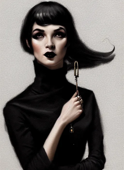 Image similar to portrait of a woman with a hook nose and a confident expression, 1 9 6 0 s, black clothes, goth, punk, funk, intricate, elegant, highly detailed, digital painting, artstation, concept art, smooth, sharp focus, illustration, art by wlop, mars ravelo and greg rutkowski