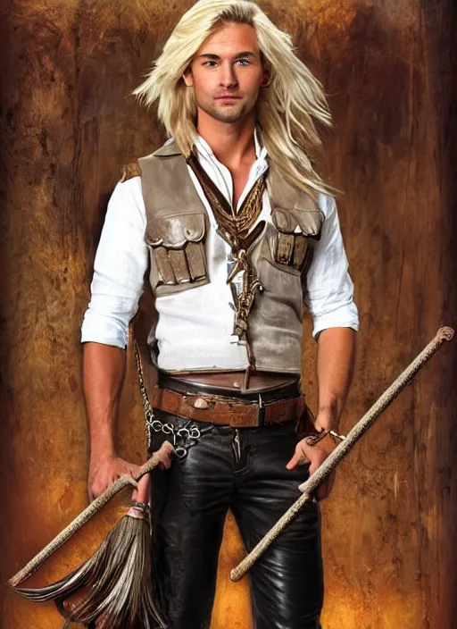 Image similar to a male ranger, dnd, wearing a leather vest and white linen pants, chiseled good looks, long swept back blond hair, puka shell necklace, with a bongo drum and nunchucks, digital art