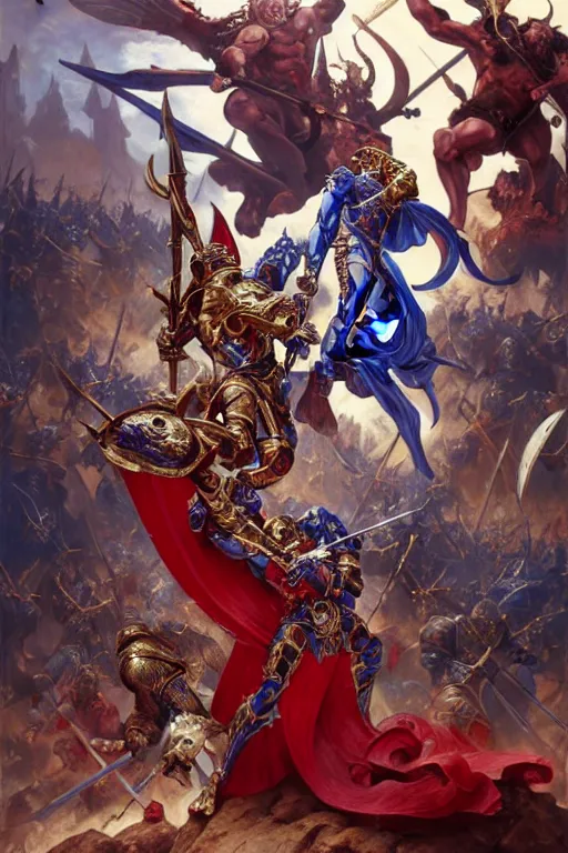 Image similar to epic warhammer battle between human warriors mages and demons, inside cathedrals and abbeys, fullbody!! dynamic action pose, religious, intricate, elegant, highly detailed, digital painting, artstation, concept art, smooth, sharp focus, red and blue color scheme, illustration, art by artgerm and greg rutkowski and alphonse mucha
