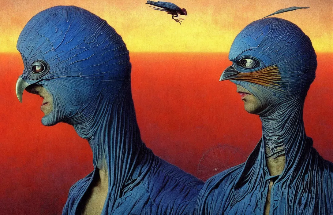 Prompt: realistic detailed portrait movie shot of a birdman wearing dark ragged robes, futuristic city sunset landscape background by denis villeneuve, amano, yves tanguy, alphonse mucha, ernst haeckel, max ernst, roger dean, masterpiece, rich moody colours, bird head, blue eyes, hyperdetailed