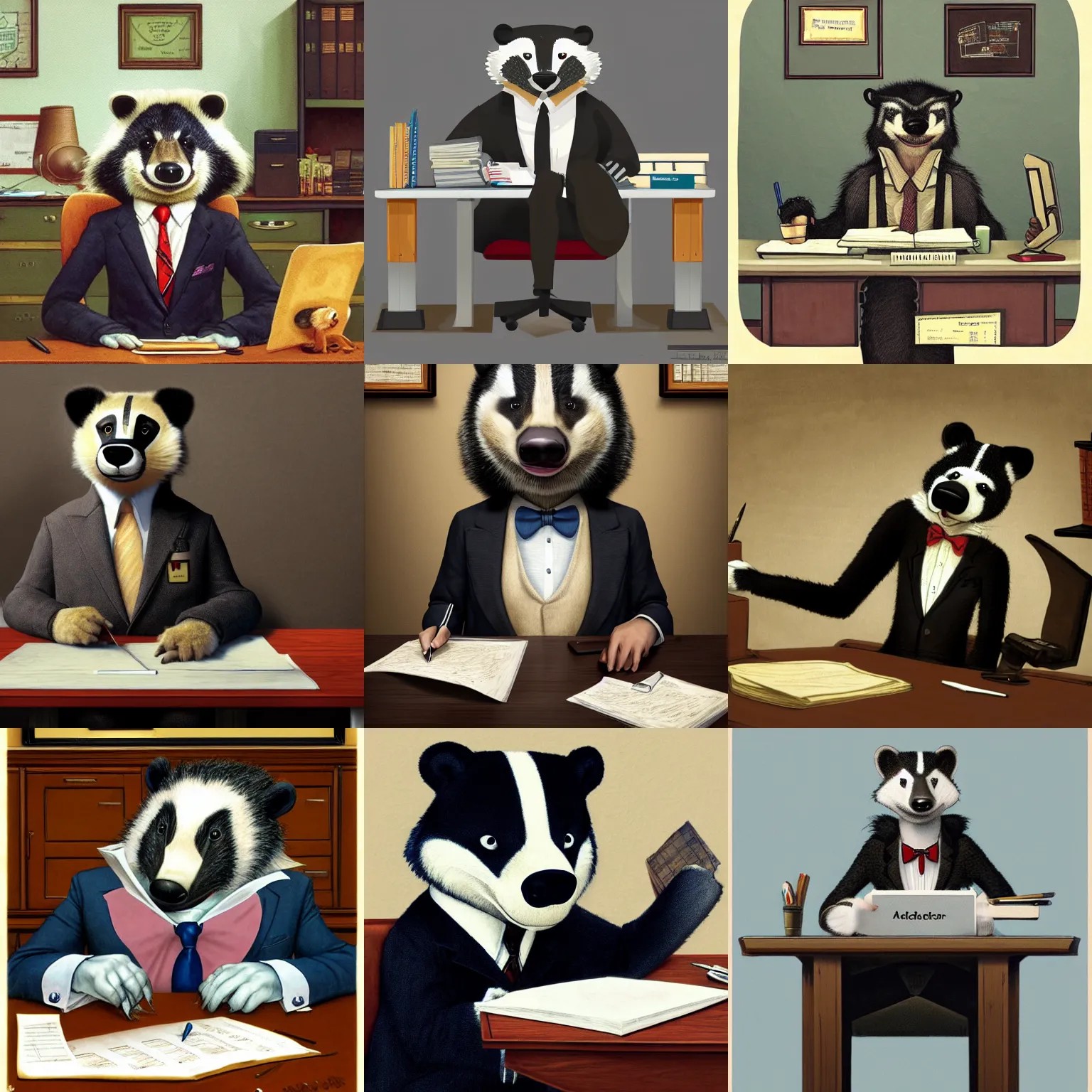 an anthropomorphic badger wearing a suit sitting at a | Stable ...