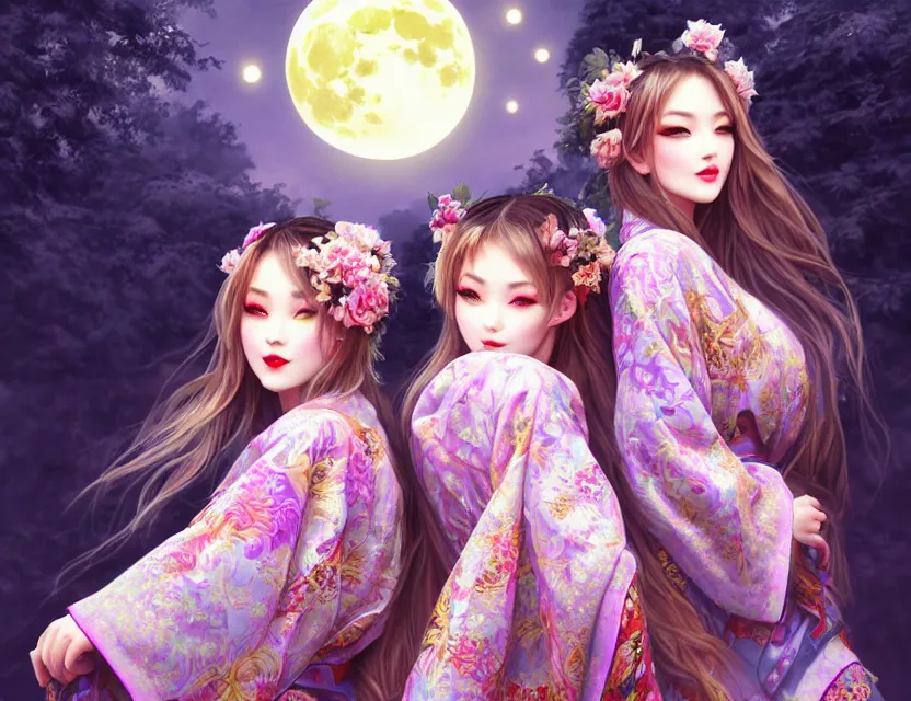 Image similar to two beautiful alluring siberian girls wear fantasy kimono in festival | | sunny night, full moon, dreamlike art, realistic shaded, smile, good looking, hyper details, 4 k realistic, cryengine, realistic shaded lighting poster by artgerm, ross tran, fuji choko, 8 k resolution, trending on artstation, luxury