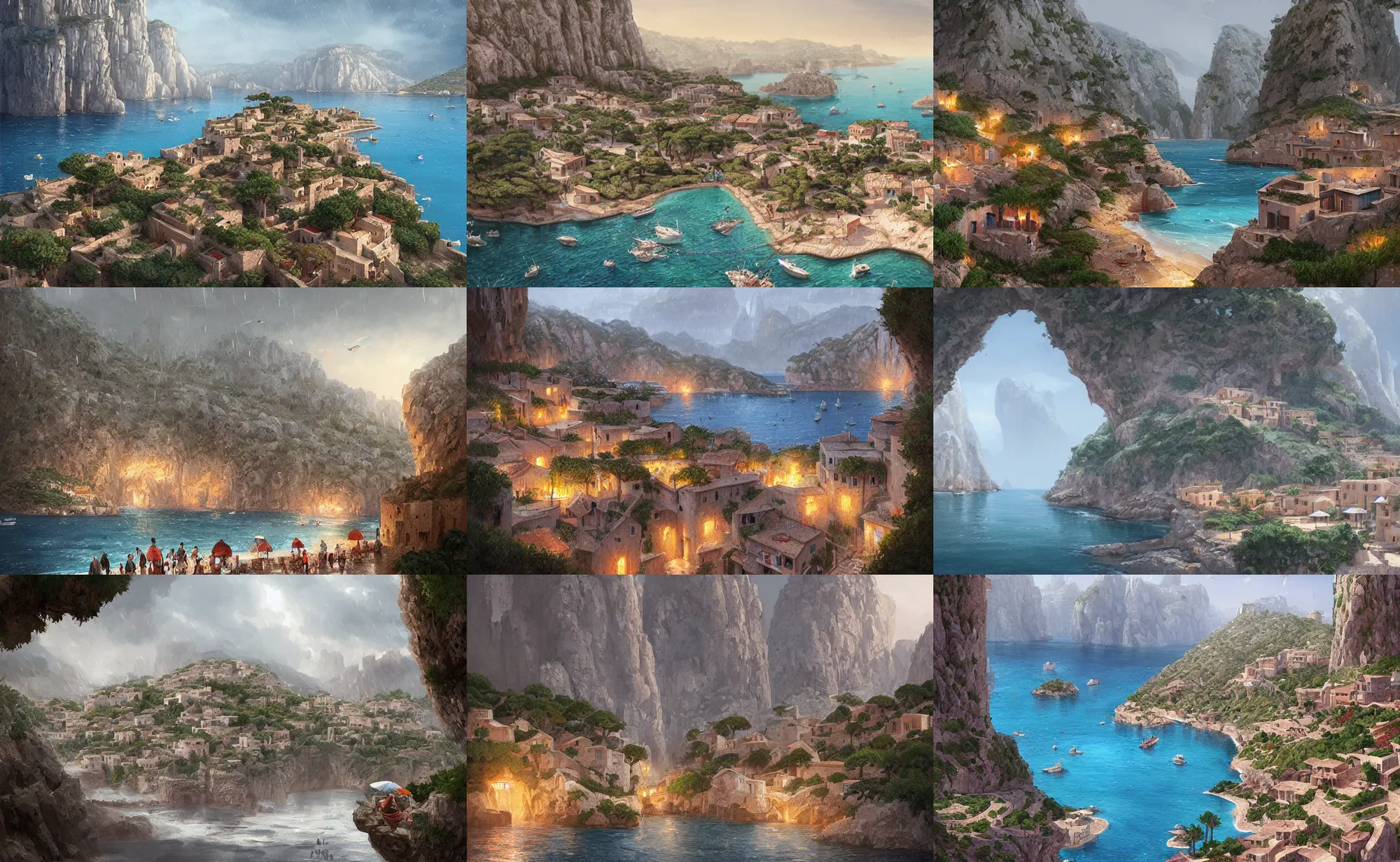 Prompt: mediterranean fisher village, over a calanque, under rain, highly detailed, digital painting, artstation, concept art, sharp focus, illustration, art by artgerm and greg rutkowski and raphael lacoste and magali villeneuve