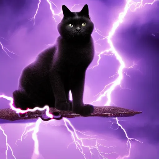 Prompt: a photo of black fluffy cat, riding on top of a big purple dragon in an electrical storm, ultrarealistic, highly detailed, 4 k