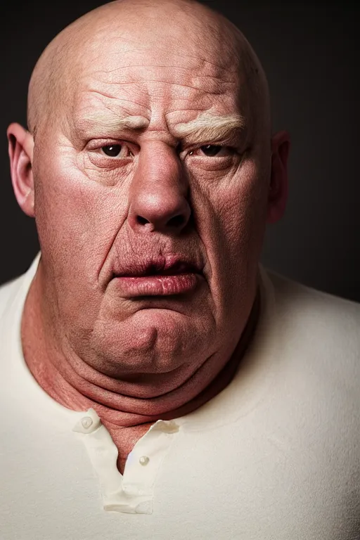 Image similar to studio portrait of man that looks excactly like homer simpson, lookalike, as if homer simpson came to life, soft light, black background, fine details, close - up, award winning photo by jimmy nelson