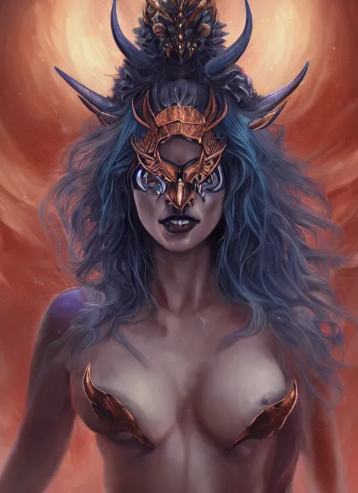 Image similar to a beautiful detailed oil on copper art illustration of a japanese blue devil mask devil woman, centered, by charlie bowater, zeng fanzh, trending on artstation, dim dusk lighting, cinematic lighting, detailed lighting, volumetric lighting, realistic, f 8, 4 k hd wallpaper