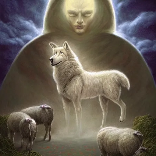 Image similar to an anthromorphic wolf jedi using the force to lift a sheep in a zen garden with a waterfall under the blood moon, by Adi granov and afarin sajedi and amanda sage and evgeni gordiets and Agostino Arrivabene and adonna khare in a psychedelic portrait style, ultrarealistic matte painting, volumetric lighting, fractal, extremely symmetrical, highly detailed face, orisha, 8k, hd