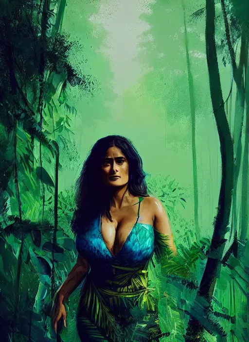 Prompt: portrait of salma hayek as jungle queen, green and blue hour, forest, by ismail inceoglu