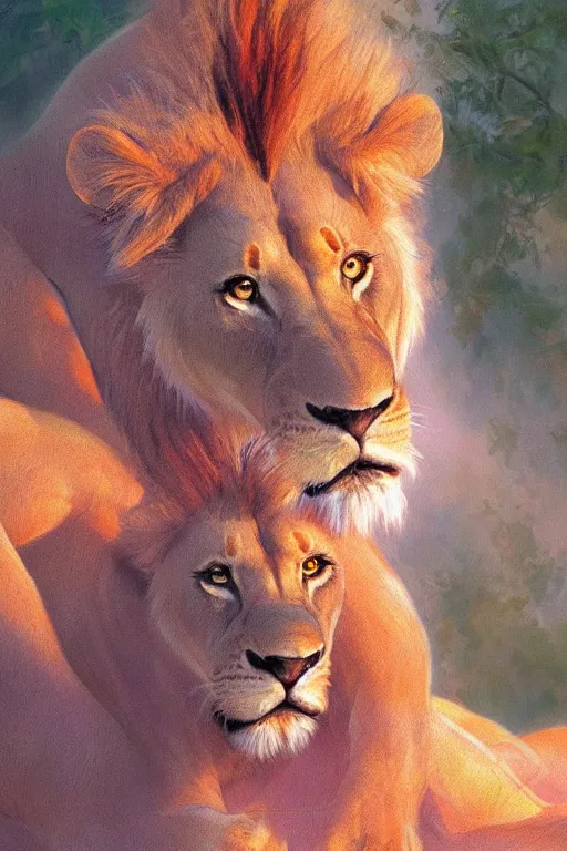 Prompt: spiritual twin flame lioness and lion art, pink sunset hue, highly detailed, oil painting hue, by craig mullins