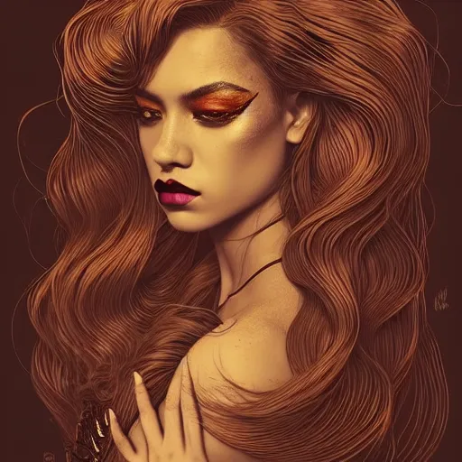 Prompt: vintage portrait of modern mermaid queen, zoom, rule of thirds, atmosphere, intricate, regal, latinas, ( brown skin ), symmetrical!!, loreal, maybelline, sephora, loreal, artstation, art by michael william kaluta and artgerm, ( ( cinematic ) ) concept art, filmic, vsco