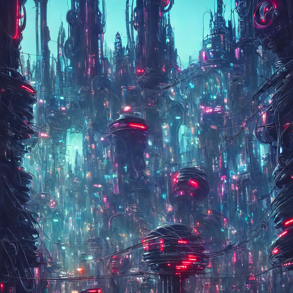 Prompt: robo cats inside an scifi tentacles wires futuristic city, beautiful signs, wide angle, retro futuristic comics, cinematic, highly detailed, photorealistic, rich bright colors, trending on artstation, giger, tsutomu nihei, trending on cgsociety, awe inspiring bruce pennington cityscape, digital art painting of 1 9 6 0 s