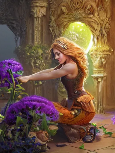 Image similar to a powerful magician working. weeds and flowers growing everywhere. intricate, elegant, highly detailed, digital painting, artstation, concept art, sharp focus, illustration, by justin gerard and artgerm, 8 k