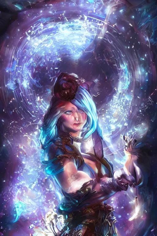 Image similar to Path of Exile, Maven, blue eyes female image with silver purple hair among colourful lights, dark blue spheres fly around, Anachronism, painting, dark fantasy, steampunk, 4k