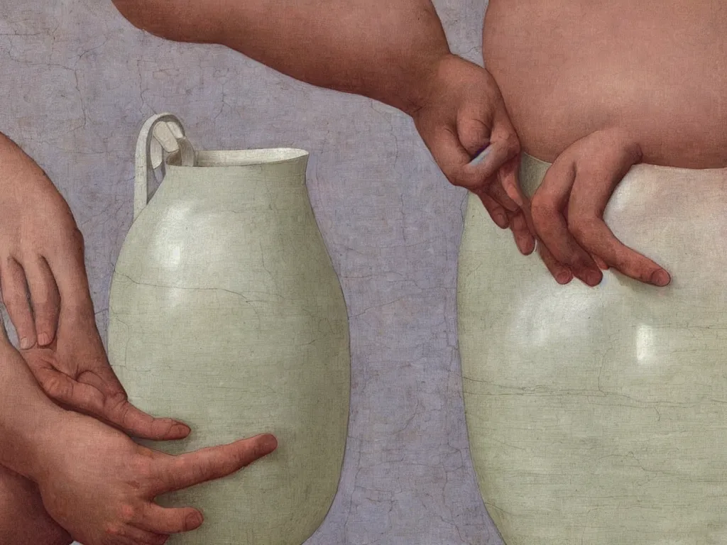 Image similar to Close up of delicate hands holding a white water jug, pregnant belly, lily flower. Painting by Alex Colville, Piero della Francesca, Morandi