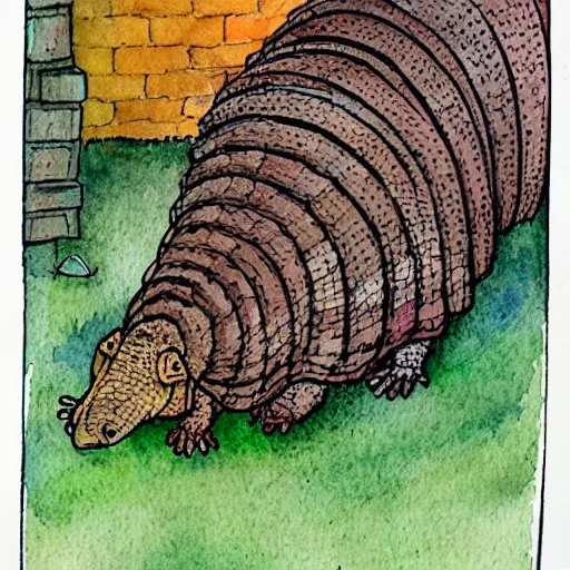 Image similar to armadillo reading the bible children's storybook illustration, ink and watercolor