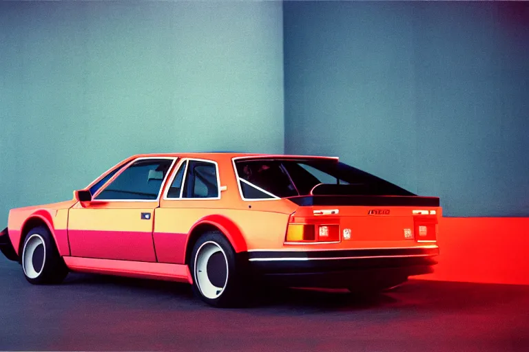 Image similar to designed by giorgetto giugiaro 1 9 7 7 audi rs 8, thick neon lights, ektachrome photograph, volumetric lighting, f 8 aperture, cinematic eastman 5 3 8 4 film