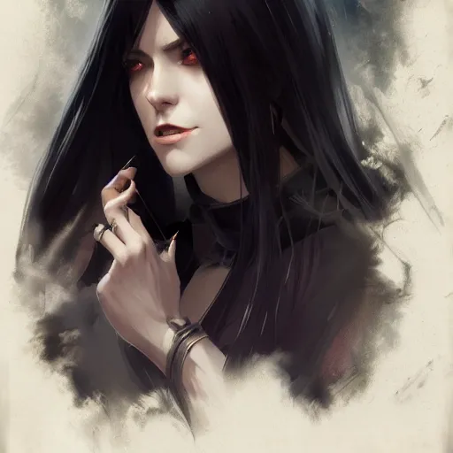 Image similar to female human vampire witch in the style of greg rutkowski, makoto shinkai, trending on artstation, character design, concept art, pretty face, highly detailed, long black hair, portrait, digital art