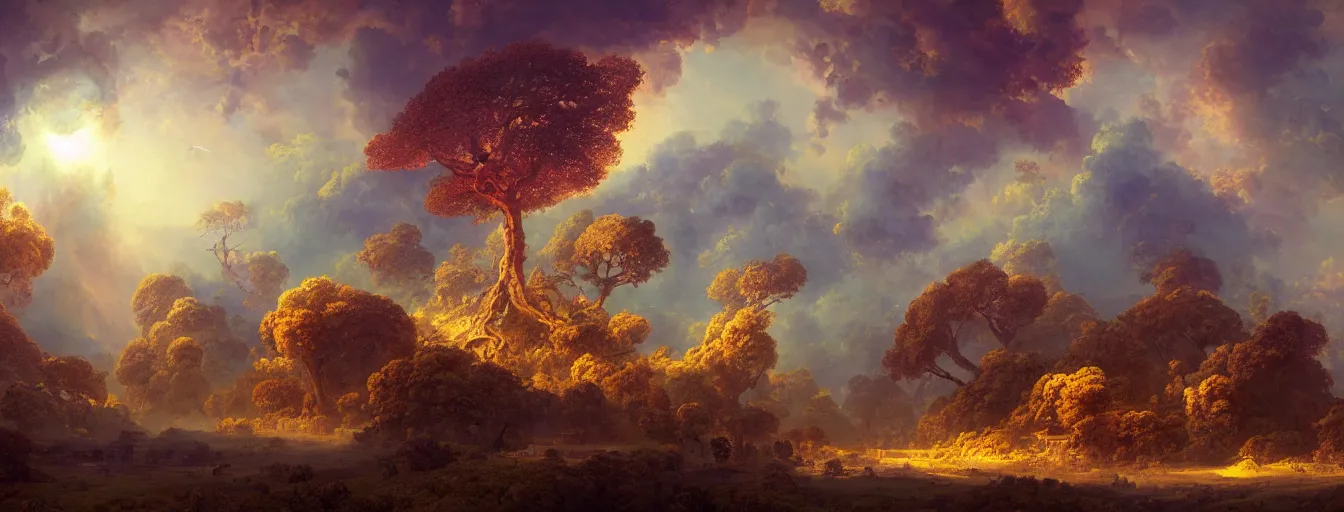 Image similar to a beautiful landscape painting of steampunk landscape, a junk nebula in the sky, galaxies visible, giant trees and colourful flowers, by jean - honore fragonard and don bluth and makoto shinkai, light rays, trending on artstation, octane render