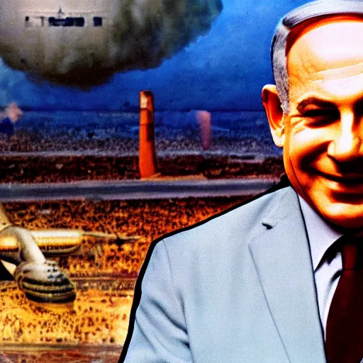 Image similar to portrait of Benjamin Netanyahu grinning and crossing arms, Hindenburg disaster in background, colored, rich vivid colors, official media, HQ