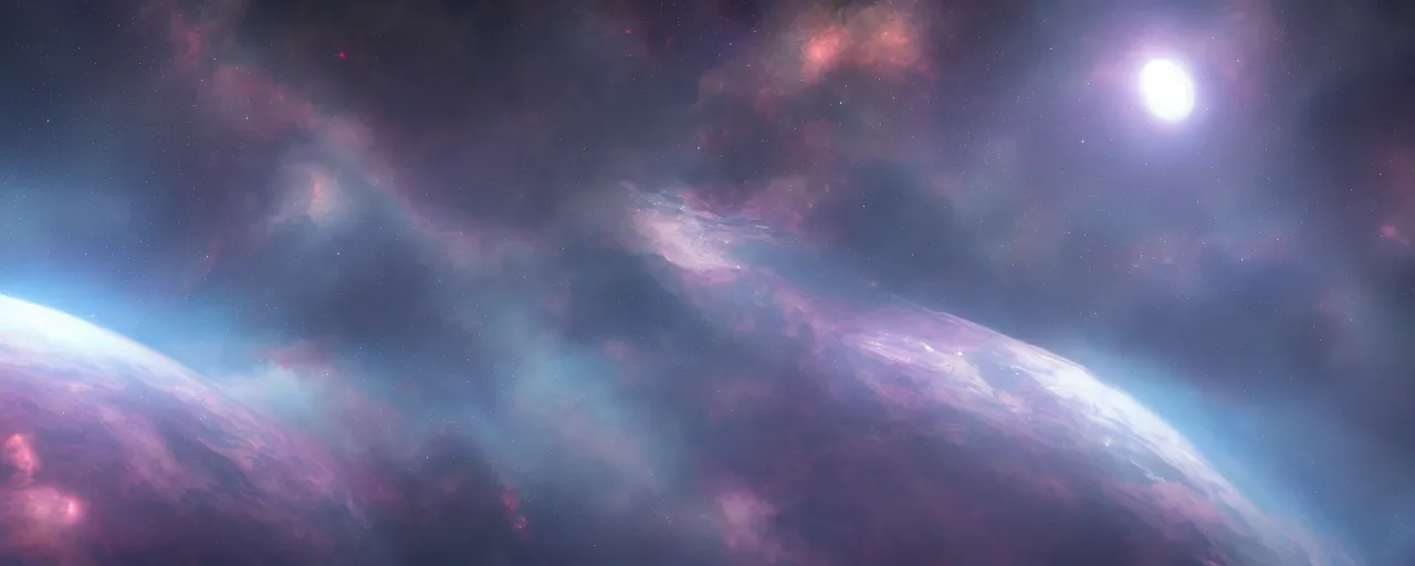 Image similar to smooth colours, cinematic render of atmospheric deep space, volumetric lighting, cathrin machin