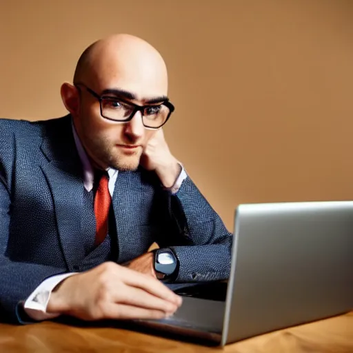 Prompt: a nerd using an laptop, glasses, bald, suit, photography, highly defined features