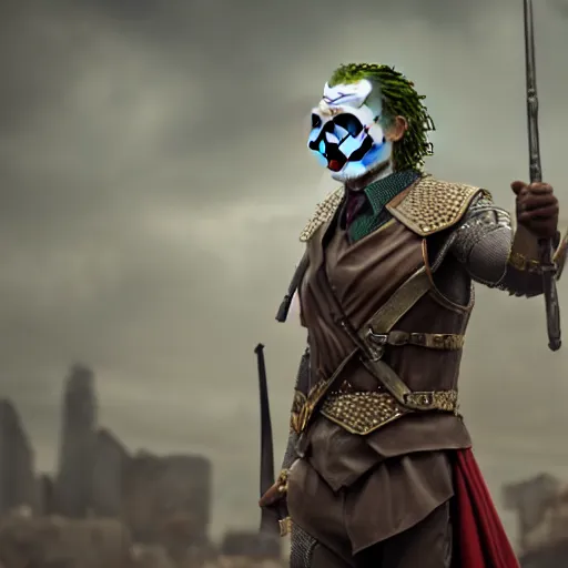 Image similar to cinematic shot of the joker wearing ancient roman soldier armor, 8 k, very detailed, very intricate,