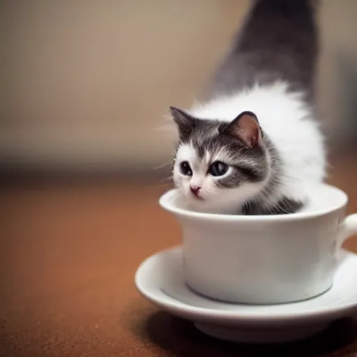 Prompt: very very very very very very very cute chibi adorable beautiful munchkin cat in a cup, professional foot photography