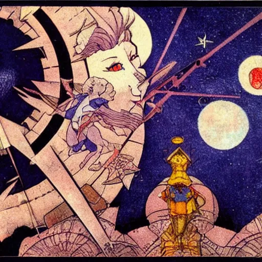 Image similar to sailor moon. graphical work by anatoly fomenko and bilibin and giger and lissitzky