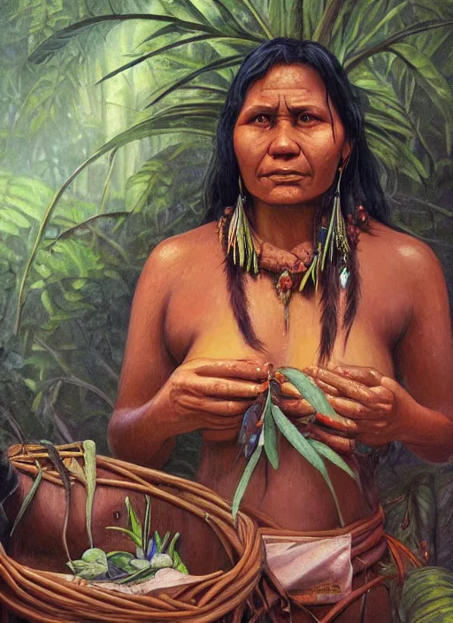 Image similar to a beautiful close up portrait of an indigenous woman preparing plant medicines in the jungle, highly detailed, art by christophe vacher