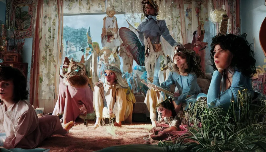 Image similar to movie still by alejandro jodorowsky of a beautiful day in a family living room in a suburban neighborhood usa, visible magic energy, pretty dream creature costumes, dreamy temples, cats building a boat, magic parade float, cinestill 8 0 0 t eastmancolor technicolor, high quality, very detailed, heavy grain, fine facial features, 8 k, octane render