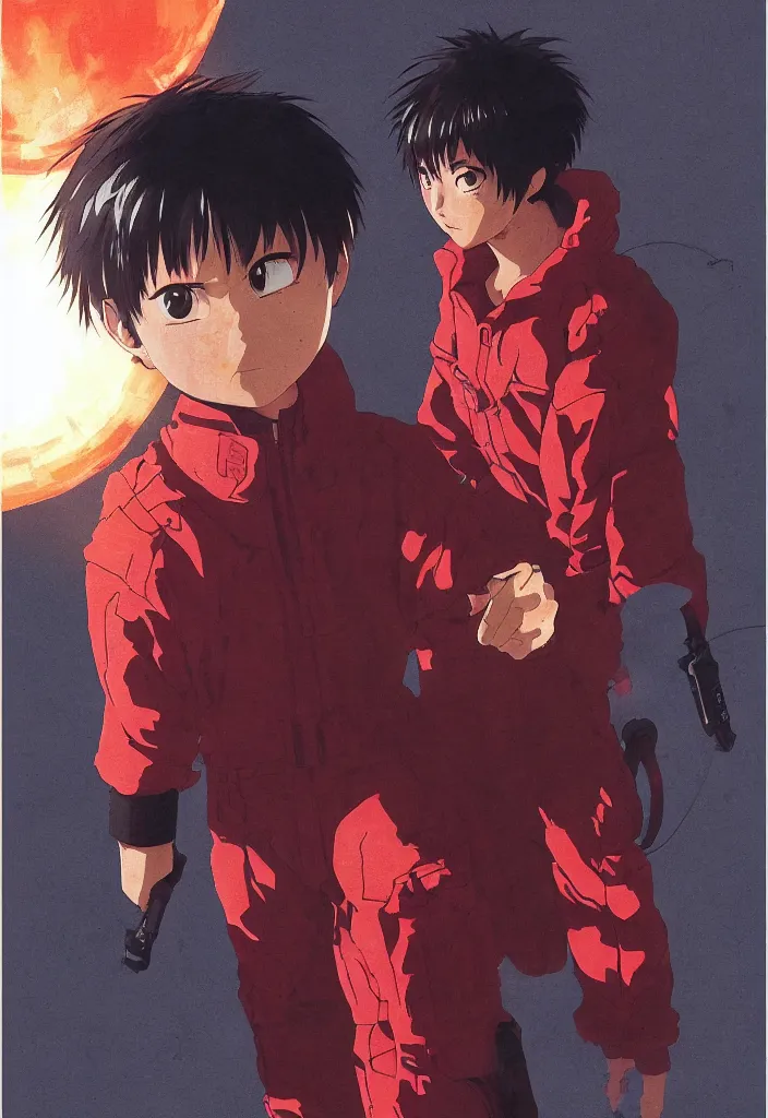 Image similar to detailed anime character portrait of kaneda from akira by katsuhiro otomo, silhouetted by a burning sun in neo - tokyo | anime, matte painting, dystopian megacity neo - tokyo, perfect, fine details, realistic, shaded, lighting, akira, artgerm, jeremy lipkin and michael garmash and rob rey