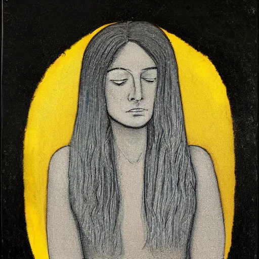 Prompt: monochrome yellow astrological portrait of a melancholic lady 3 6 years old, with name