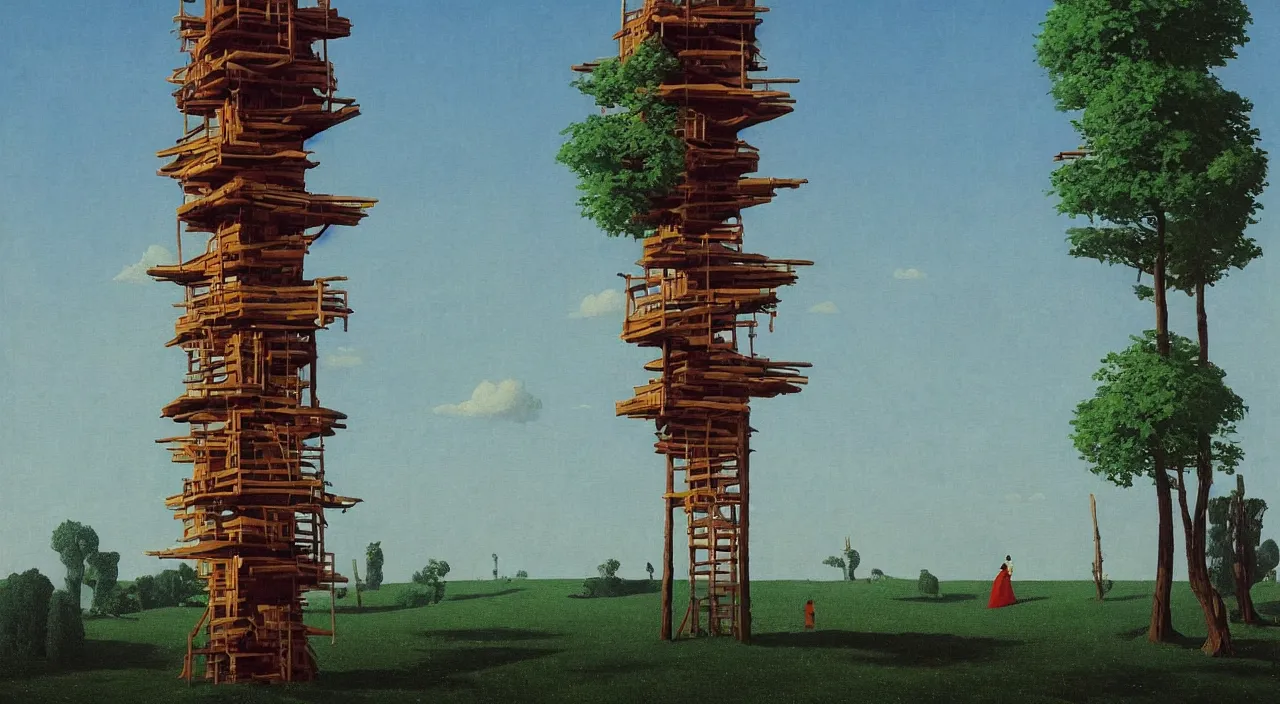 Image similar to single flooded simple wooden tree tower!, very coherent and colorful high contrast!! masterpiece by rene magritte simon stalenhag carl spitzweg syd mead norman rockwell edward hopper james gilleard, minimalist, dark shadows, sunny day, hard lighting