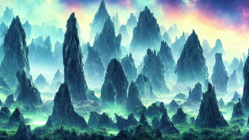 Prompt: an alien landscape view, alien sky, star in the sky, alien waterfall, weird alien trees, alien mountains, epic composition, colorful, 4 k, detailed, realistic