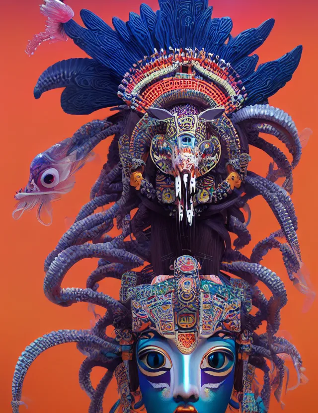 Image similar to 3 d goddess close - up profile portrait aztec with ram skull. beautiful intricately detailed japanese crow kitsune mask and clasical japanese kimono. betta fish, jellyfish phoenix, bio luminescent, plasma, ice, water, wind, creature, artwork by tooth wu and wlop and beeple and greg rutkowski