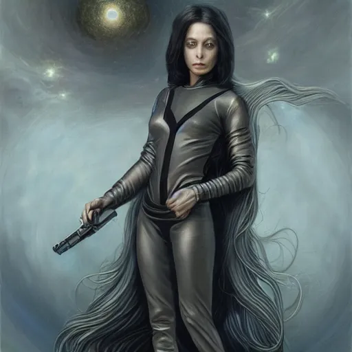 Image similar to pleiadian woman with big eyes and long silver hair wearing a dark body suit and holding a plasma gun as a realistic sci fi character, portrait art by donato giancola and greg rutkowski, digital art, trending on artstation, standing in a barren field, full body, long silver hair