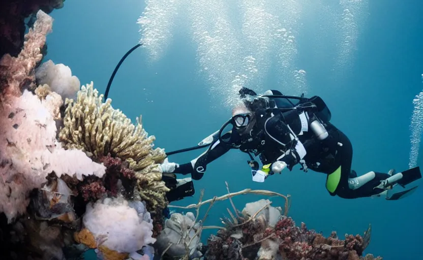 Prompt: a scuba diver finding the remnants of the international space station