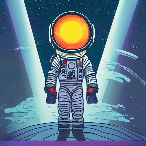 Image similar to glowing astronaut inspired by René Laloux, Dan Mumford, stars, cinematic