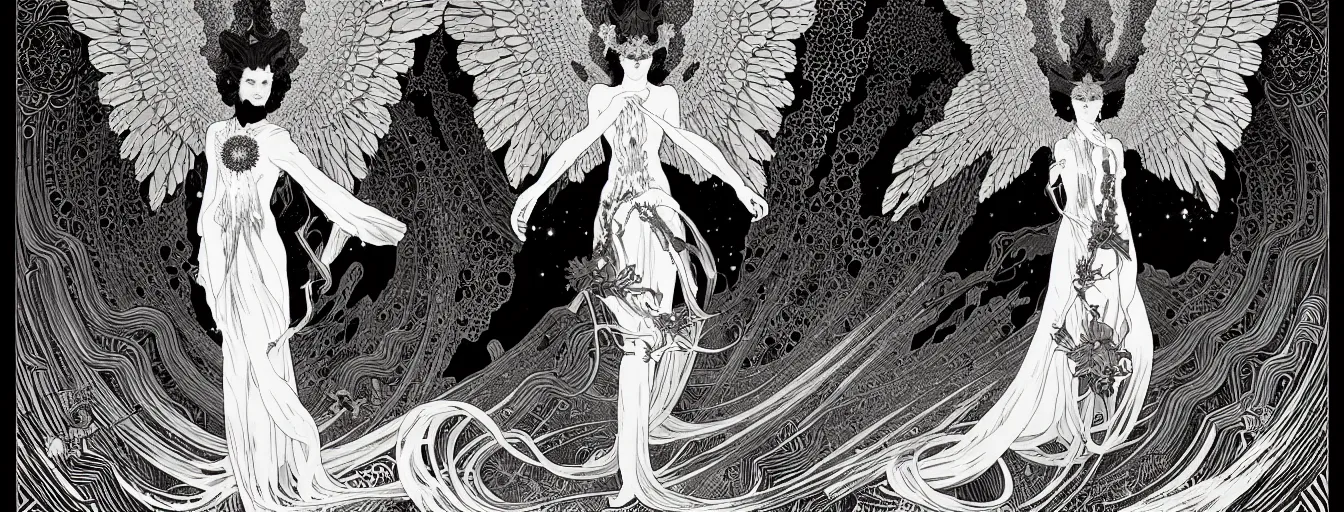 Image similar to fallen angel domain by nicolas delort, alphonse mucha, victo ngai, josan gonzalez, kilian eng