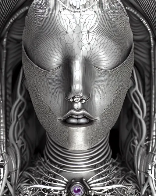 Prompt: mythical organic bio-mechanical spinal ribbed profile face portrait detail of silver mechanical beautiful female angelic-queen-vegetal-cyborg, highly detailed, intricate steampunk ornate, poetic, 3D render, digital art, octane render, 8K artistic photography, photo-realistic, by Dora Maar