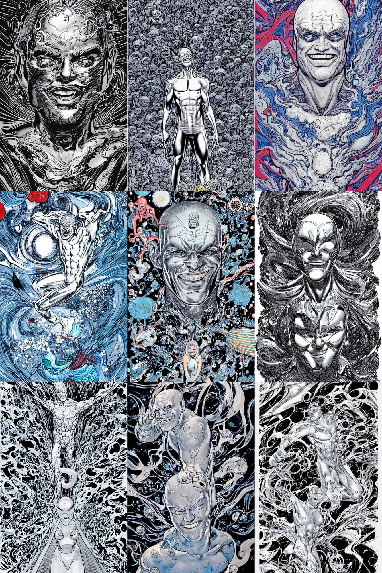 Prompt: silver surfer smiling into the camera, illustrated by james jean