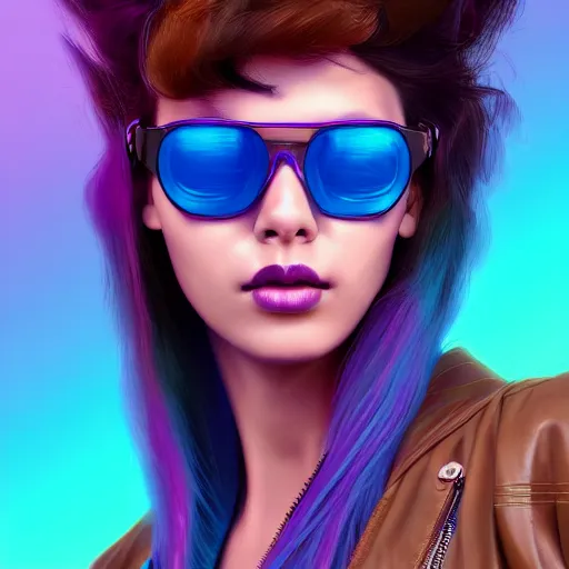 Prompt: closeup painting of a very beautiful young mexican cyberpunk woman with a smirk, wearing light blue shutter shades and a purple coloured leather jacket, one side haircut, long brown hair with light blue ends, portrait, hyperdetailed, artstation, cgsociety, 8 k, synthwave!!! image