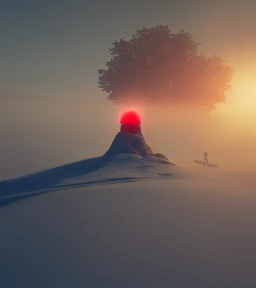 Prompt: the tiny red light in the antartic fog, majestic light, octane render, beauty fog, ethereal glare of the sun, hyperrealistic, epic, masterpiece