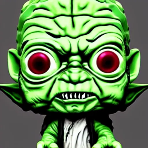 Prompt: zombie yoda, funko pop yoda as a zombie, zombified, scary.