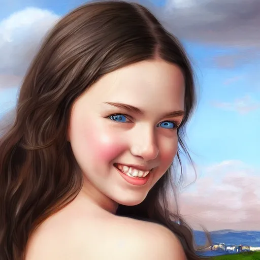 Prompt: full body portrait of a girl with blue eyes, gentle round face, with a bright smile, long dark hair, highly detailed, deep focus, elegant, digital painting, smooth, sharp focus, golden ratio, illustration, ultra realistic, 8 k, art by artgerm and caravaggio